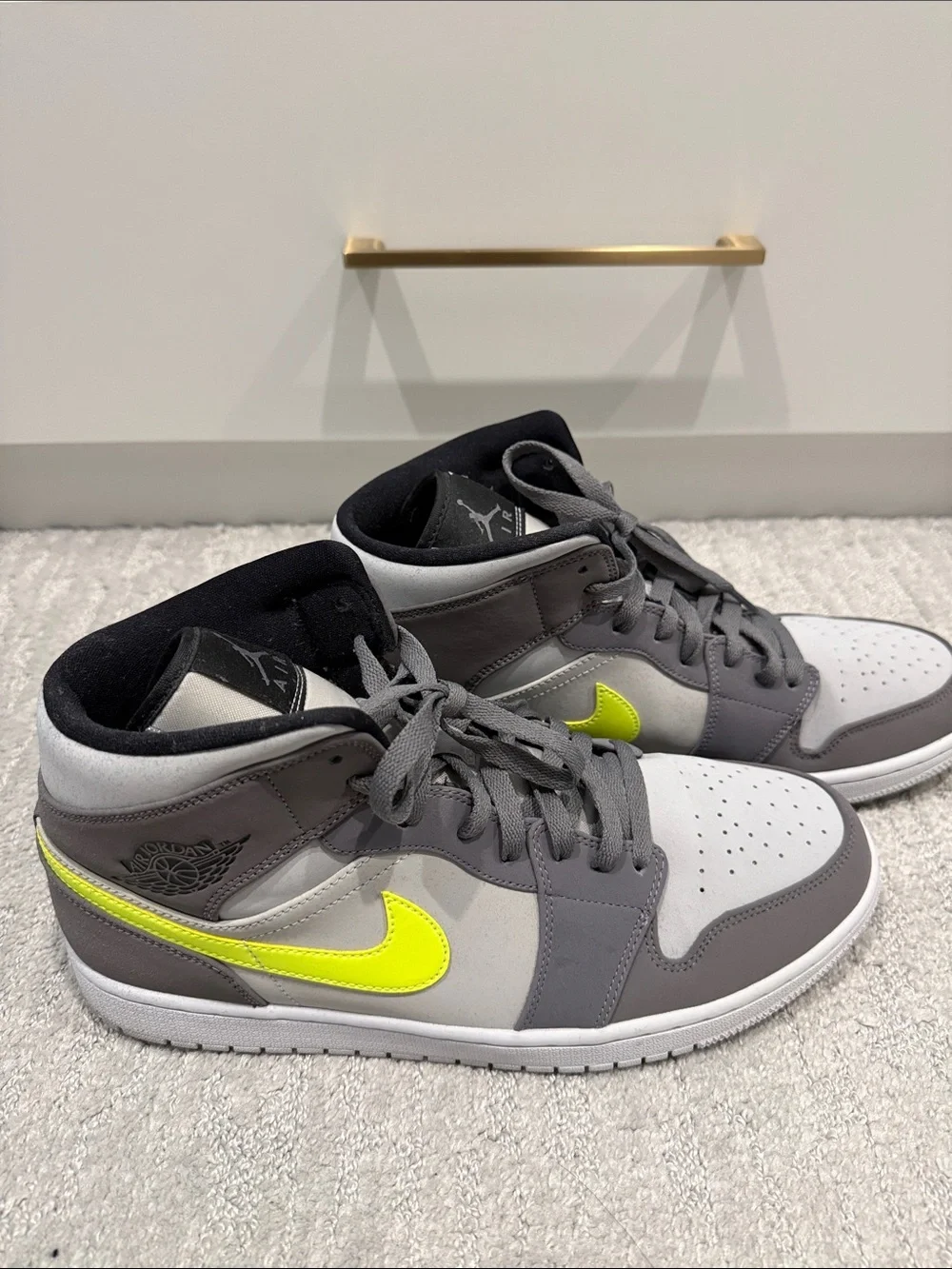 Nike Air Jordan Mid-Top Sneakers - Gray with Neon Yellow Swoosh. No box.